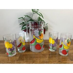 Vintage France Darlington Frosted Fruit Pitcher 4 Glasses Rare 5-Piece Drinkware